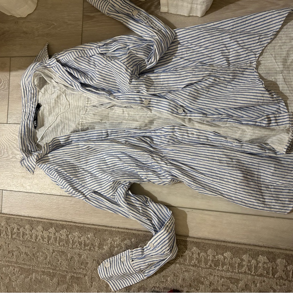 Zara Light Blue and White Striped Shirt